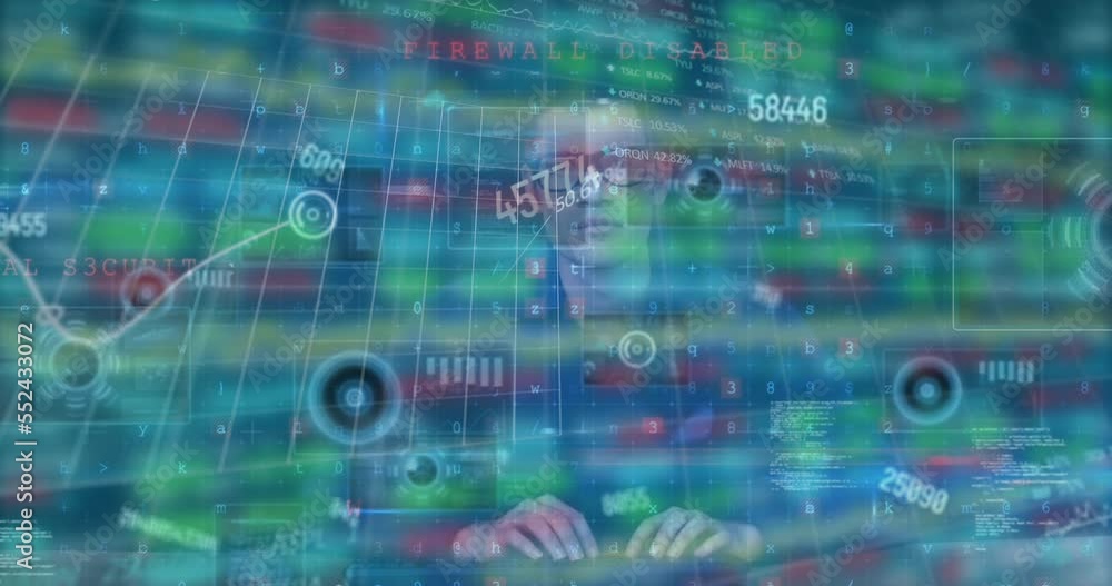 Poster composite video of computer data and financial figures with engineer typing in background