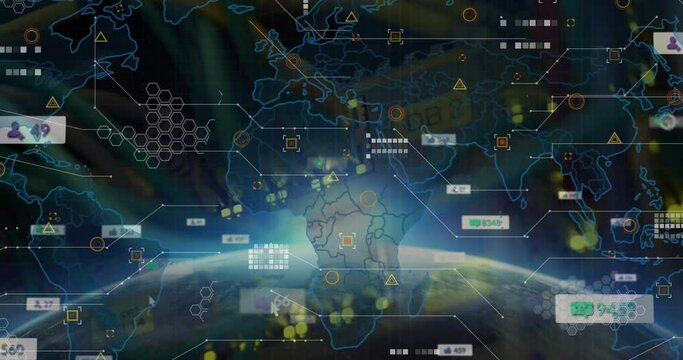 Composite video of network server with icons highlighting locations on world map