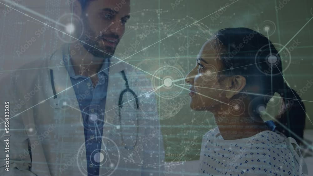 Poster animation of network of connections with data processing over diverse doctor and patient