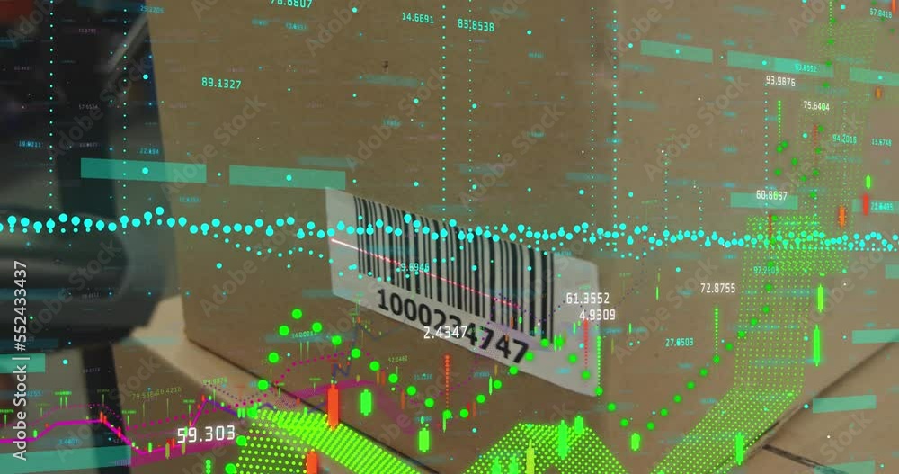 Poster animation of financial data processing over boxes