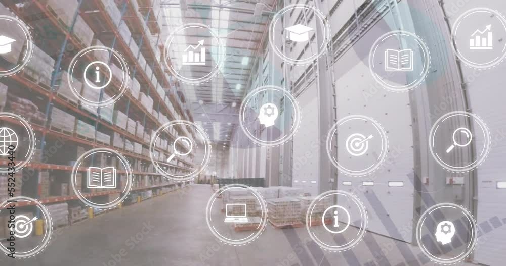 Aufkleber animation of icons and data processing over warehouse