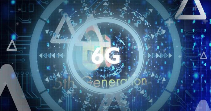 Animation of 5g, 5th generation, 6g, 6th generation text, arrows, floating dots, triangles