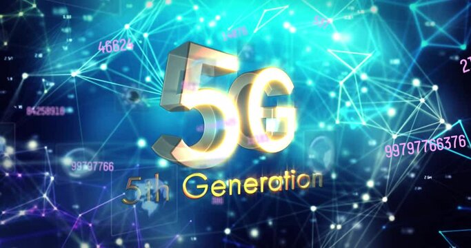 Animation of 5g 5th generation text over data processing on black background