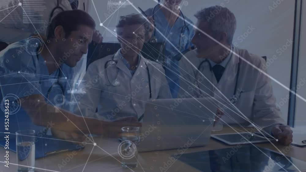 Poster Animation of dots connected by lines, graphs, database over diverse doctors discussing in meeting