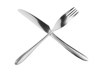 Crossed fork and knife top view. Isolated png with transparency