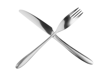 Crossed fork and knife top view. Isolated png with transparency