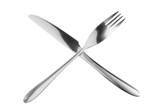 Crossed fork and knife top view. Isolated png with transparency