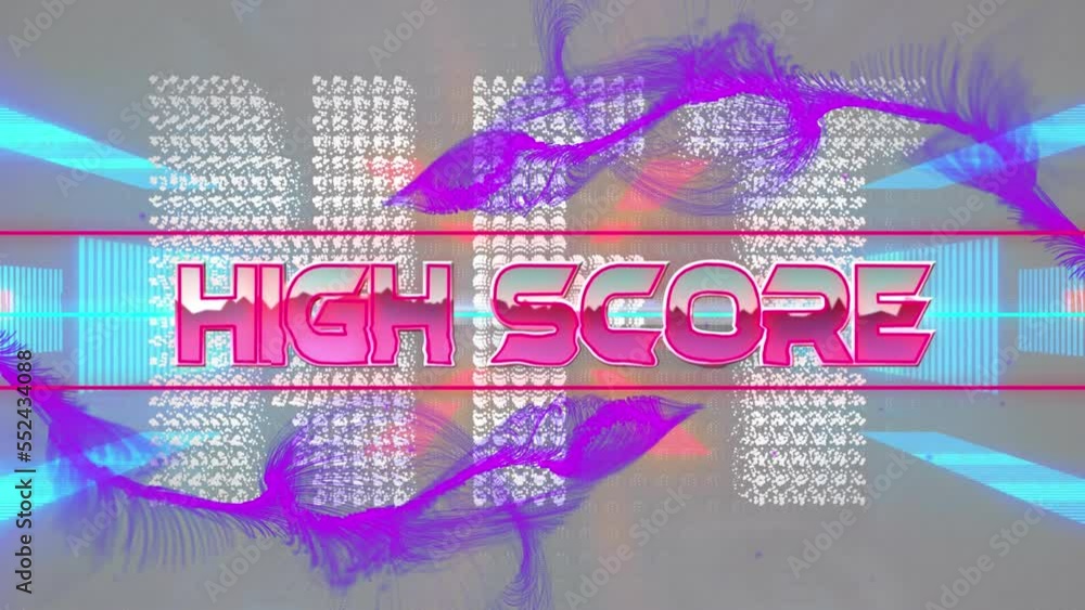 Poster animation of high score and nft text over purple digital wave and neon tunnel in seamless pattern