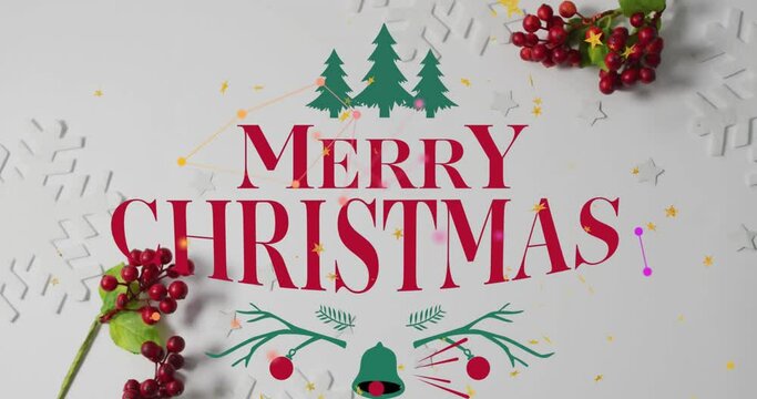 Animation of merry christmas text over decorations