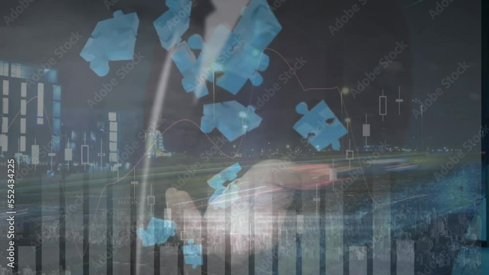 Poster animation of data processing and puzzle over cityscape