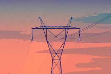 Fototapeta Ilustracja słupy elektryczne na tle różowego nieba. obraz