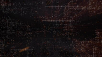 Animation of fire sparks over mathematical equations and diagrams against black background - Powered by Adobe