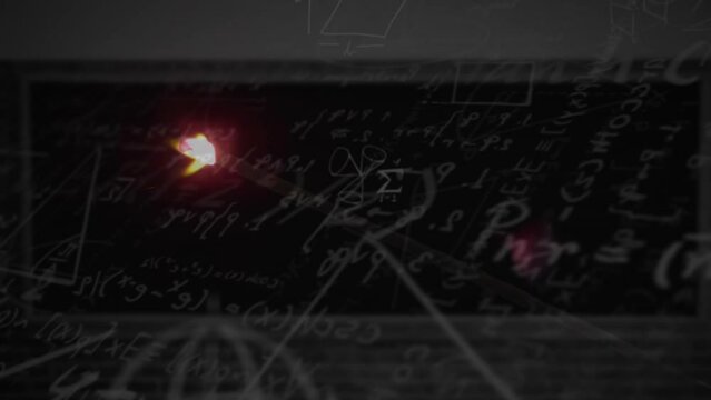 Animation of fire over mathematical equations and diagrams against black background