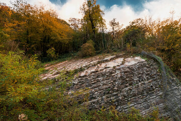 Beautiful mountain landscape in autumn under a blue sky. Yellow-red foliage on the trees. Textured rocks in the autumn landscape. Beautiful mountain landscape in autumn. Autumn view of the mountains. 