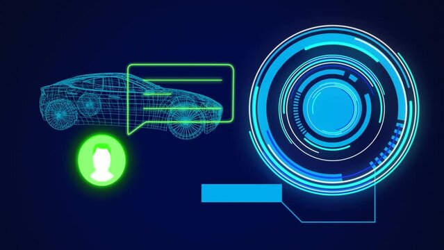 Animation of profile and message icon over round scanner and 3d car model against blue background