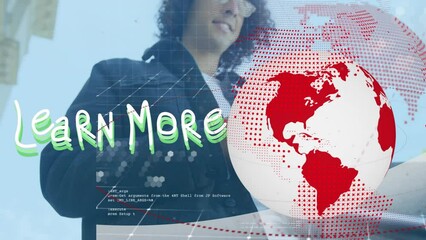 Animation of learn more text and globe over biracial man using smartphone - Powered by Adobe