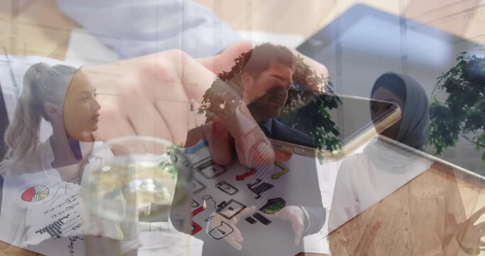 Animation of diverse business people walking and hands using smartphone