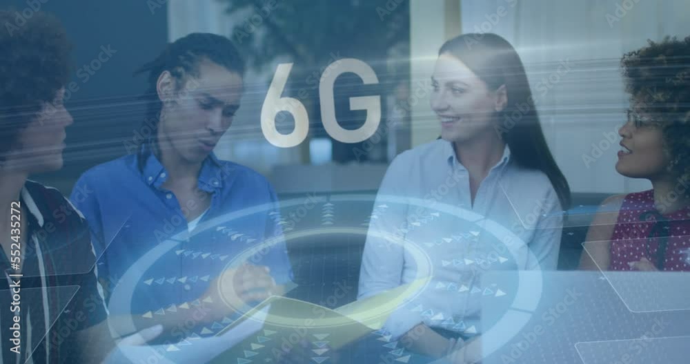 Poster animation of data processing and 6g text over diverse business people in office