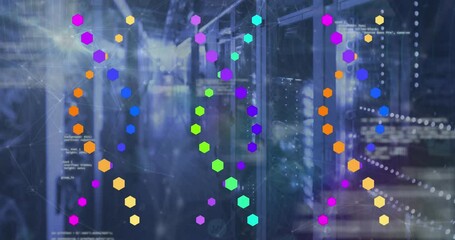 Animation of data processing over dna strands and server room - Powered by Adobe