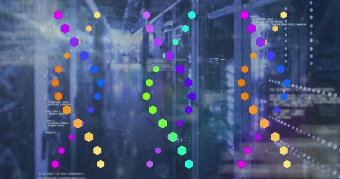 Animation of data processing over dna strands and server room - Powered by Adobe