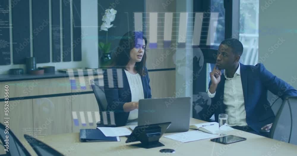 Poster animation of data processing over diverse business people in office