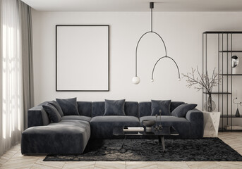 Mockup poster frame on the wall of living room. Luxurious apartment background with contemporary design. Modern interior design. 3D render, 3D illustration.
