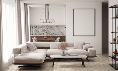 Mockup poster frame on the wall of living room. Luxurious apartment background with contemporary design. Modern interior design. 3D render, 3D illustration.
