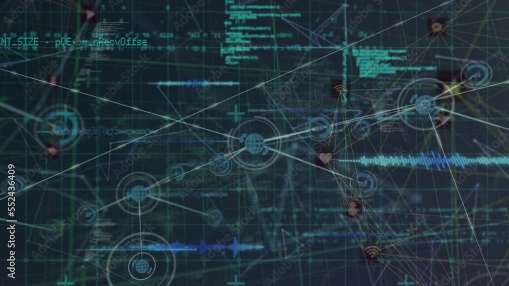 Poster animation of data processing with network of connections on black background