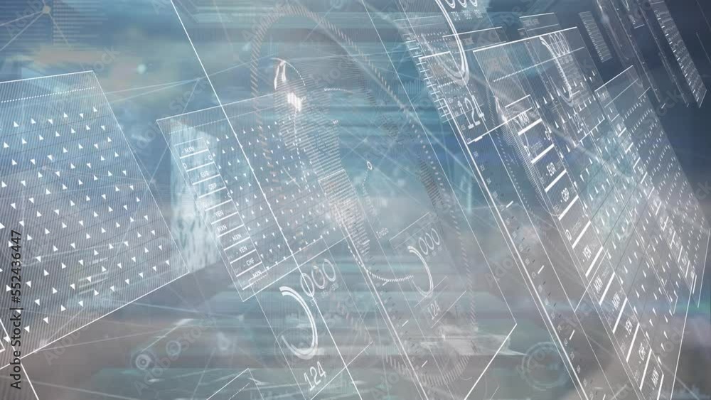 Poster animation of data processing and network of connections on black background