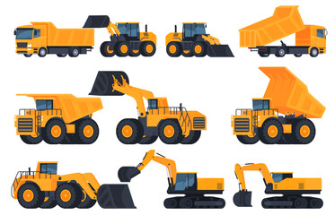 Heavy quarry equipment for the extraction of minerals. Excavators and dump trucks of large sizes. Transportation of a large mass of goods. Vector illustration - obrazy, fototapety, plakaty