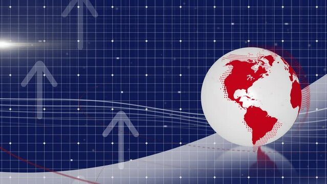 Animation of globe and arrows over shapes on blue background