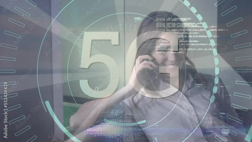 Poster animation of data processing with 5g text and scope scanning over caucasian businesswoman