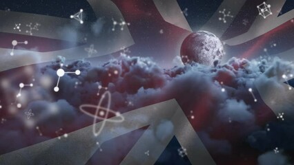 Animation of molecular structures over waving uk flag against darks clouds and moon in night sky - Powered by Adobe