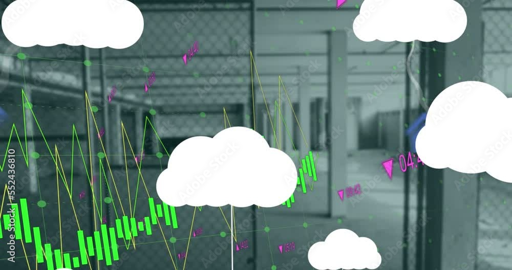 Poster animation of clouds with icons over data processing and empty building