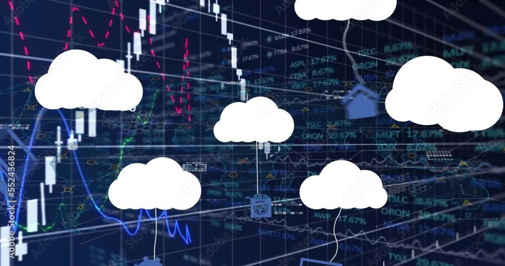 Poster animation of clouds with icons over data processing on black background