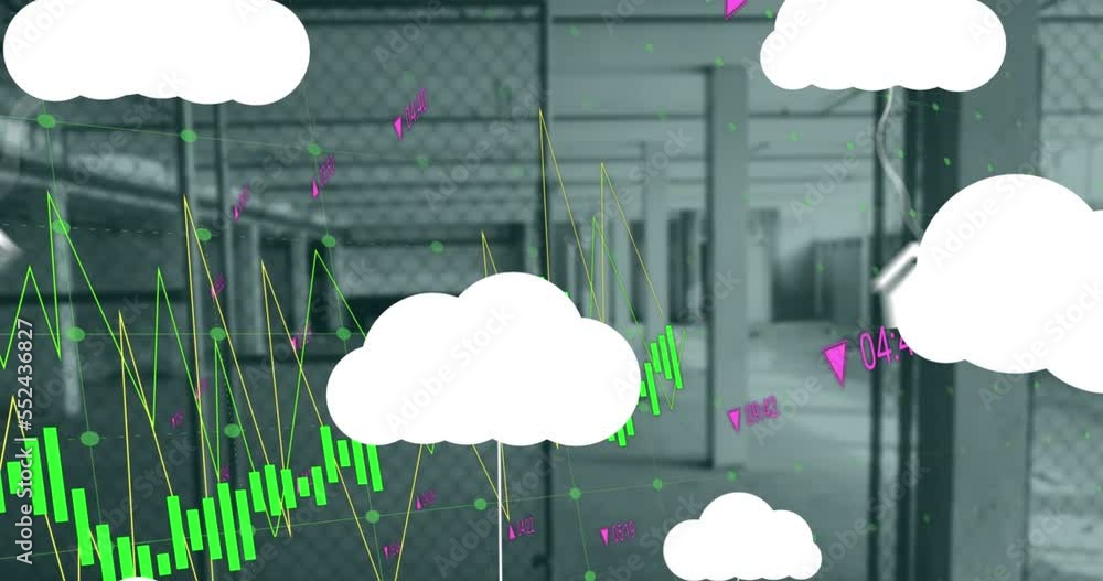 Poster animation of clouds with icons over data processing and empty building