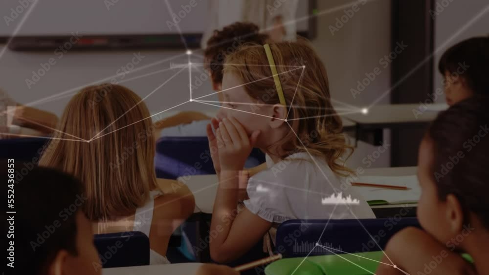 Poster animation of network of connections with data processing over diverse schoolchildren