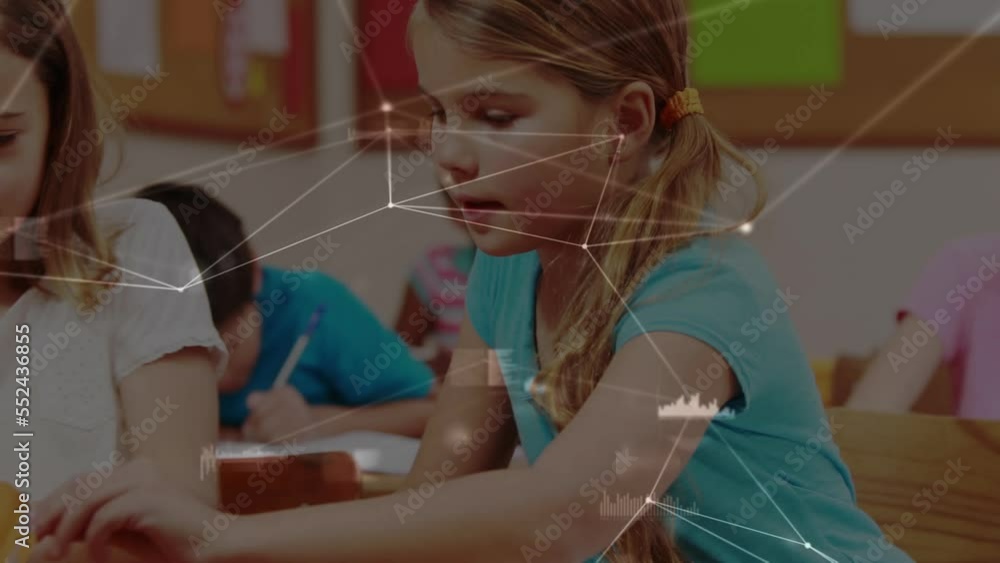 Aufkleber animation of network of connections with data processing over diverse schoolchildren