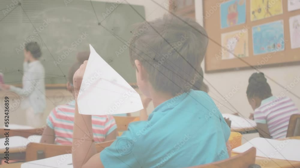 Poster animation of network of connections with data processing over diverse schoolchildren and teacher