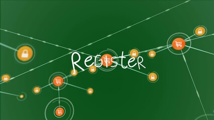 Animation of network of connections with icons over register text on green background - Powered by Adobe