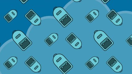 Animation of backpack icons over clouds on blue background - Powered by Adobe