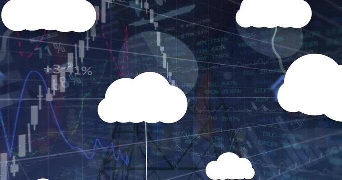 Animation of clouds with icons over data processing and electricity pylon
