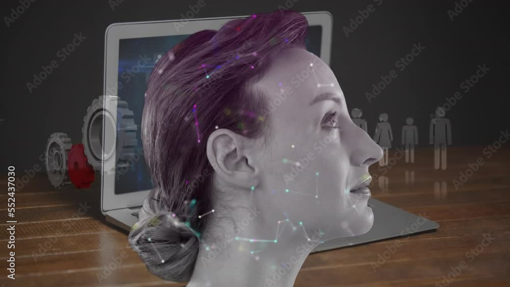 Poster animation of network of connections and caucasian woman over laptop with icons and data processing