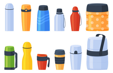 Tourist and household thermoses. Dishes for storing hot drinks and food. Vector illustration - obrazy, fototapety, plakaty