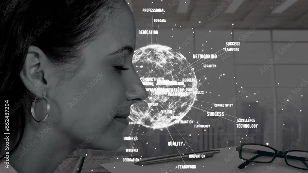 Canvas Prints Animation of caucasian woman and globe with data processing over cityscape