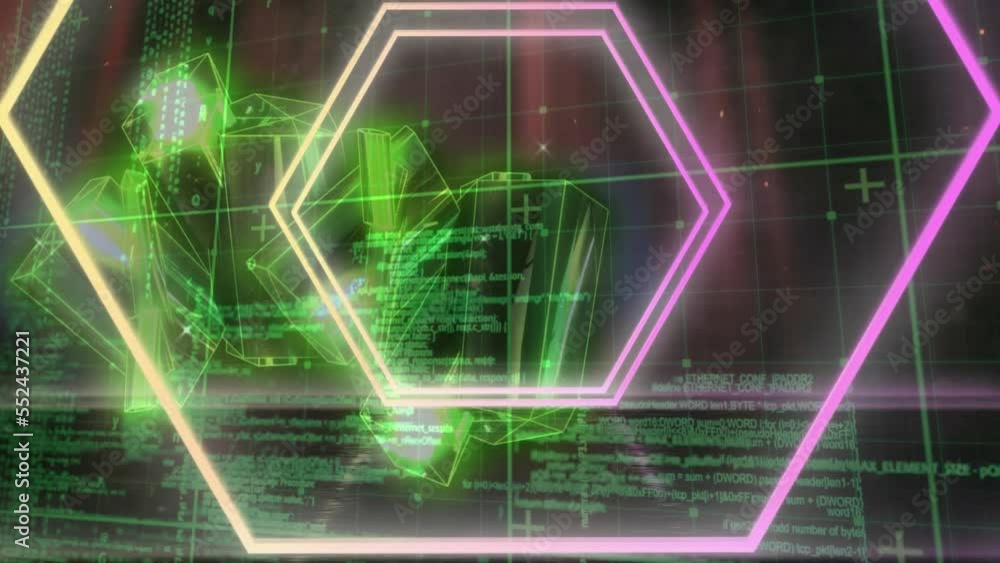 Poster animation of neon hexagonal shape in seamless pattern against crystal shapes and data processing