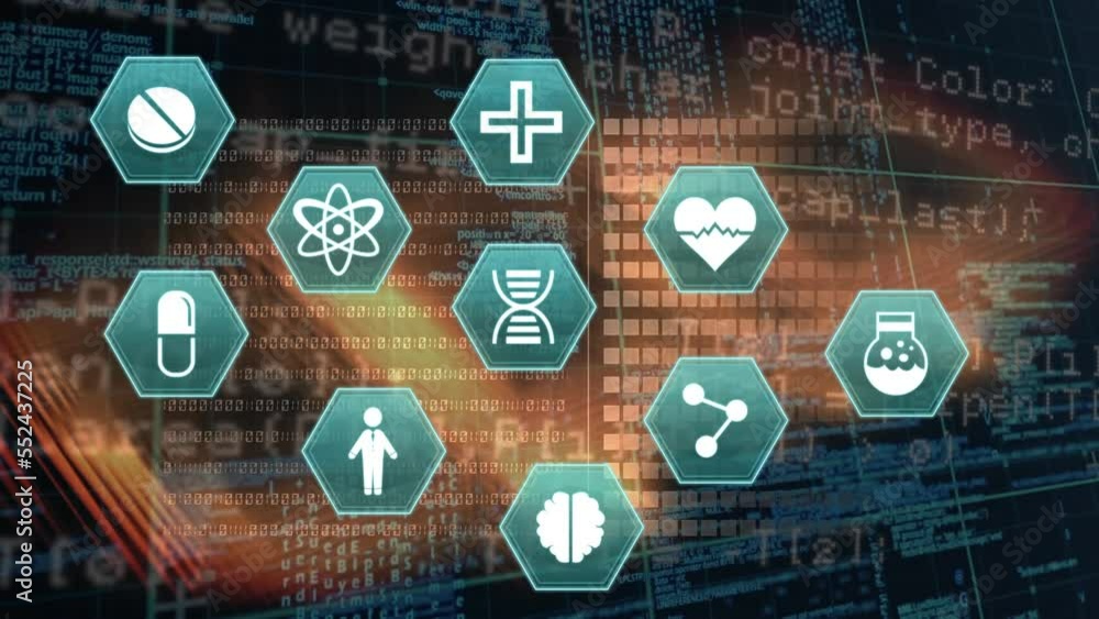 Poster animation of digital icons over digital wave against data processing against blue background