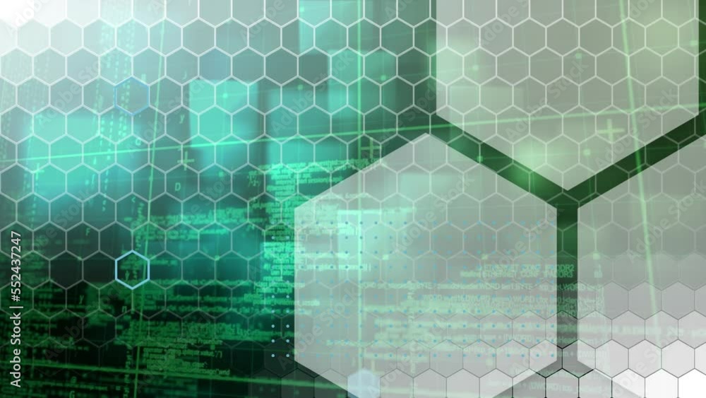Poster animation of shapes over data processing on green background