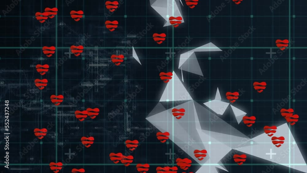 Poster animation of shapes and hearts over data processing on black background