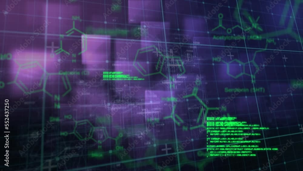 Poster animation of data processing with chemical formula on black background